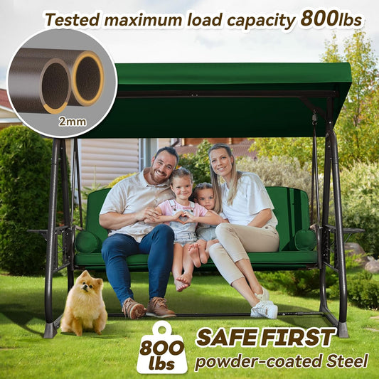 3 in 1 Outdoor Porch Swing with Adjustable Canopy, 3 Seat Outdoor Swing for Adults, Patio Swing Chair with Thickened Cushions,Pillows & Cup Holders for Backyard, Porch, Garden (Green)