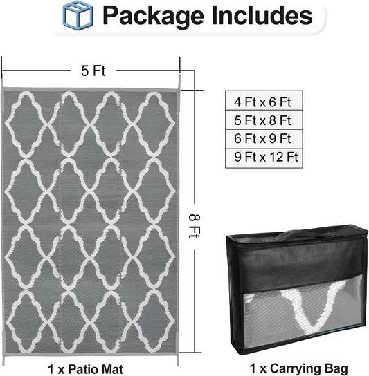 OutdoorLines Outdoor Plastic Area Rugs for Patio 5x8 ft - Reversible Outside Carpet, Stain & UV Resistant RV Mats, Straw Rug for Camping, Deck Garden, Porch and Balcony, Moroccan Grey & Light Grey