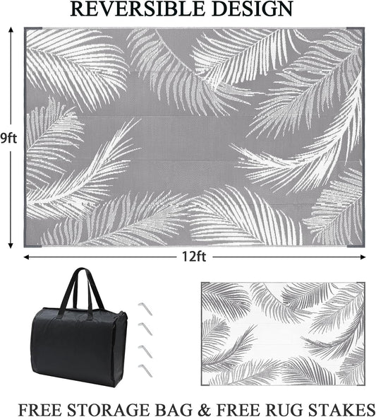 Pauwer Waterproof Outdoor Rug 9x12, Reversible Plastic Straw Patio Camping Rug, Indoor Outdoor RV Mat Carpet for Deck, Camper, Porch, Balcony, Backyard, Picnic, Leaf Grey
