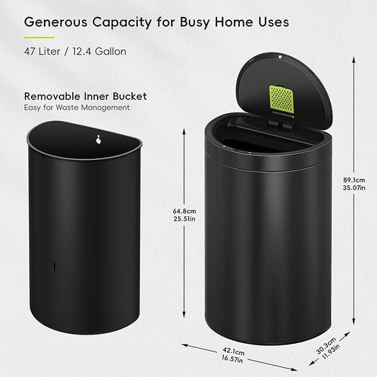 EKO Mirage Semi-Round 47L / 12.4 Gal Motion Sensor Trash Can, Automatic Kitchen Trash Bin with Deodorizer Compartment, Removable Lid & Inner Bucket, Stainless Steel Garbage Can, Matte Black