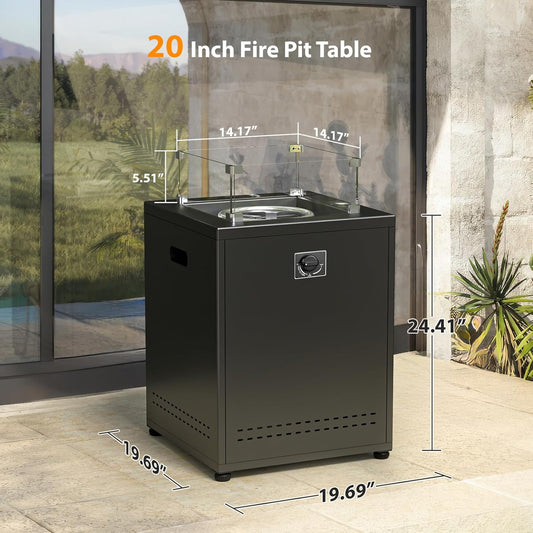 Fire Pit Table Propane Smokeless Fire Pit Outside Heater Patio with Lava Rocks,Glass Wind Guard and Cover,20" Square Fire Pit Table for Balcony Garden Outdoor Camping Deck Backyard,Black