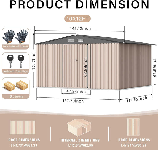 10x12 FT Metal Storage Sheds Outdoor, Metal Yard Sheds Garden Shed Kit, Tool Shed with Lockable Door, Utility Sheds Buildings with Air Vent for Backyard Garden Patio Lawn