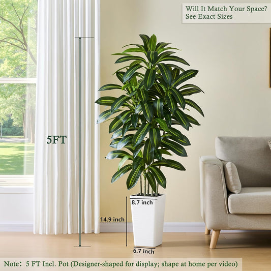 Artificial Dracaena Tree:5FT Faux Silk Tropical Yucca Floor Trees Realistic Fake Green Plant with Natural Wood Trunk & Lifelike Leaves for Home Office Decor Indoor & Outdoor (5FT,1-Pack,White)