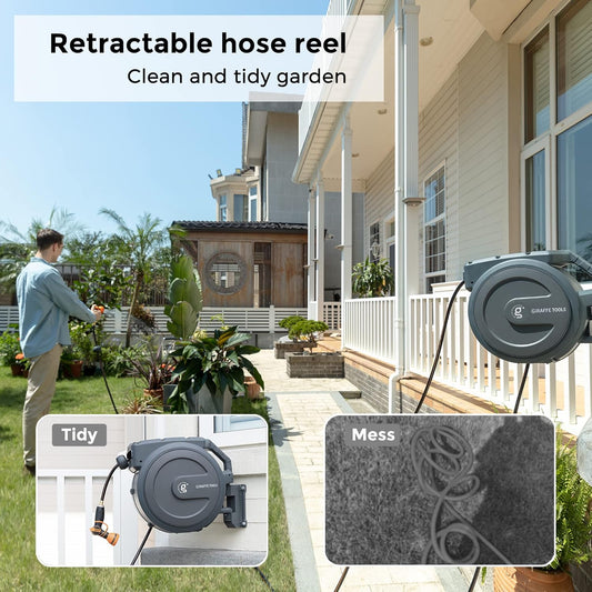 Giraffe Tools Metal Retractable Hose Reel 130 FT Wall Mounted Heavy Duty Hose Reel with 9 Pattern Nozzle 180 Deg Swivel, Metal Bracket Any Length Lock (1/2 130FT PRO, Dark Grey)