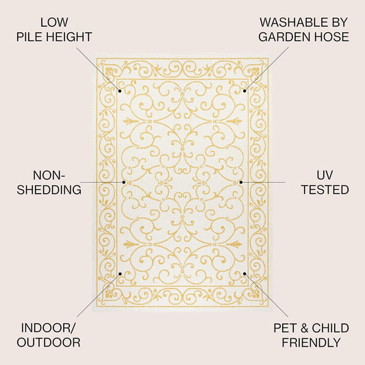 JONATHAN Y SMB106M-4 Charleston Vintage Filigree Textured Weave Indoor Outdoor Area Rug, Classic Traditional Easy-Cleaning,Bedroom,Kitchen,Backyard,Patio,Non Shedding, 4 X 6, Cream/Yellow