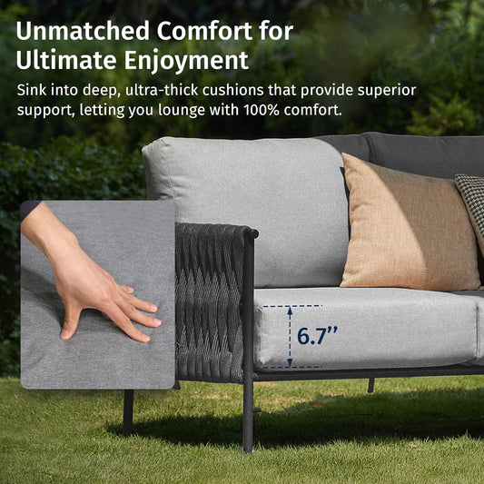 EAST OAK 5-Piece Patio Furniture Set | Life Chatter 5-Seat Outdoor Furniture | Deep Seating & Two Coffee Tables | Waterproof Extra-Thick Cushions | Porch, Balcony & Backyard | Earth Black & Misty Grey