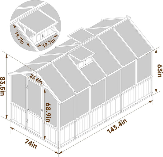 BlueWish 6x12FT Greenhouse, Wood Greenhouses with 6MM Thick Polycarbonate, Adjustable Vent, Cedar Frame, Greenhouse for Outside, Garden, Backyard,Light Brown Mocha