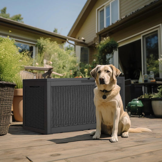 DRATO 100 Gallon Large Deck Box, Outdoor Storage Box for Patio Furniture, Patio Cushions, Gardening Tools, Pool Supplies,660lbs Weight Capacity,Waterproof Resin Storage Boxes