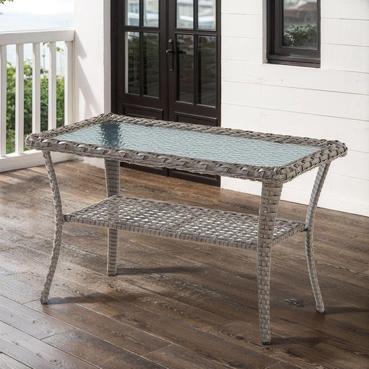 38 Inch Outdoor Coffee Table with 2 Tier Storage - Wicker Coffee Table with Water Ripple Texture Tempered Glass Top, All Weather Patio Coffee Table for Deck Porch Balcony Garden Gray