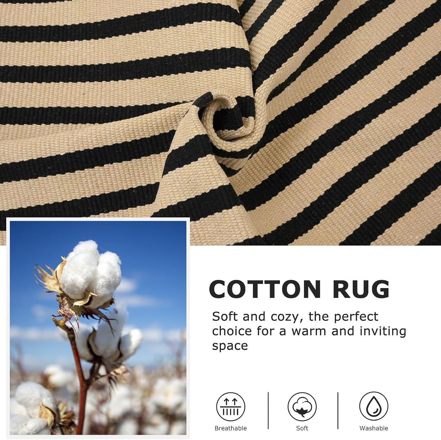 IOHOUZE Striped Area Rug 5'x7' Indoor Outdoor Rug, Washable Area Rug for Living Room, Large Patio Rug, Cotton Striped Rugs for Patio Living Room Bedroom,Tan/Black