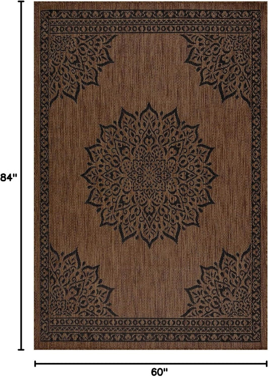 CAMILSON Outdoor Rug, 5x7 Medallion Nut Brown Black Modern Area Rugs for Indoor and Outdoor Patios, Kitchen and Hallway Mats, Washable Porch Deck Outside Carpet (Medallion Nut Brown Black, 5 x 7)