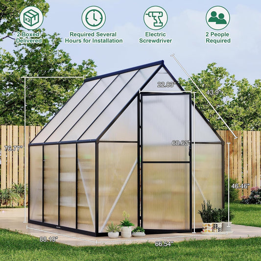 Greenhouse 6x7 FT Aluminum-Framed Heavy Duty Polycarbonate with Quick Setup Structure and Roof Vent Large Enhanced Outdoors Green House Kit