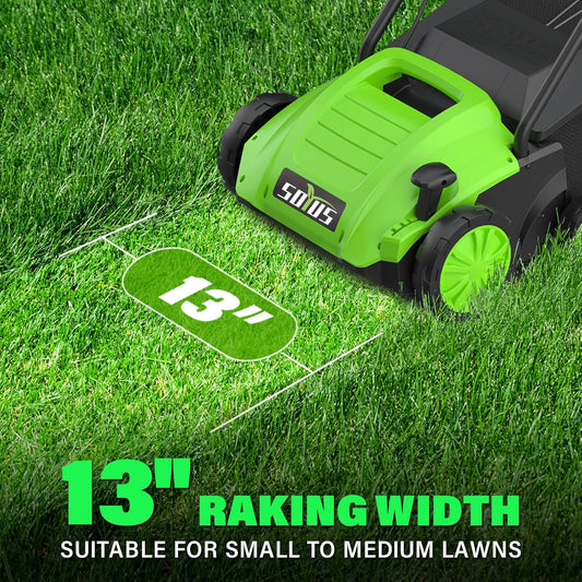 SOYUS Electric Dethatcher and Scarifier with 30L Collection Bag, 13-Inch 12 Amp 2-in-1 Corded Lawn Dethatcher with 4-Postion Depth Adjustment, Quick-Fold, Increases Lawn Health