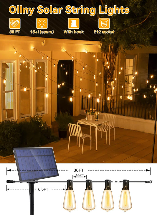 Ollny 15+1 LEDs ST38 Solar String Lights, 30 FT USB & Solar Dual Charging Outdoor String Lights, 3 Modes 5 Timers 10 Brightness 2200K Waterproof Patio Lights for Porch Garden Market Bistro Camping