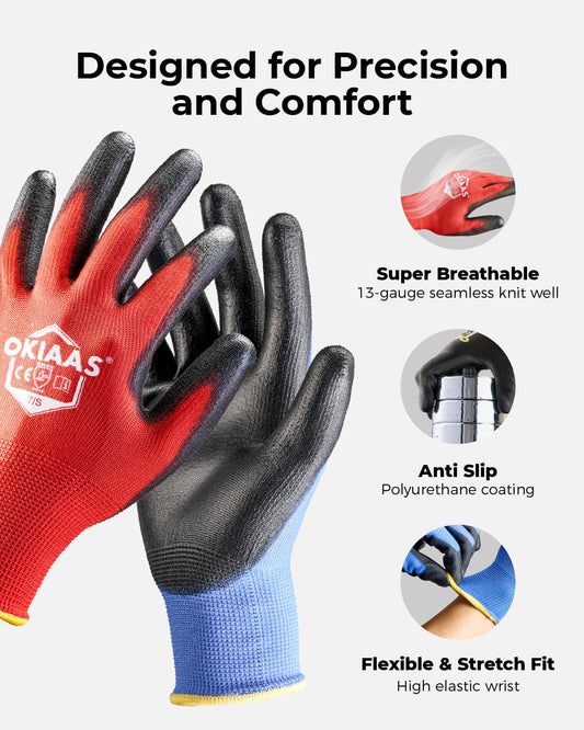 OKIAAS Work Gloves for Men,Ultra Thin and Lightweight Working Gloves with Grip, 12 Pairs Bulk Pack with Polyurethane Coating, for Light Duty Work (Blue, Small)