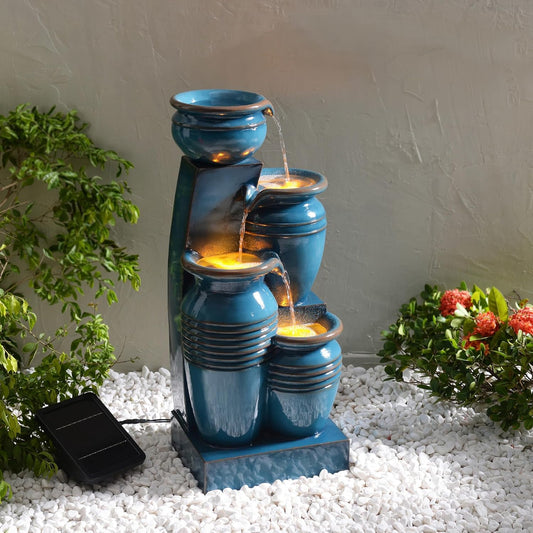Teamson Home 28.74 in. 4-Tier Cascading Bowl Solar-Powered Water Fountain with LED Lights for Gardens, Landscaping, Patios, Balconies, Lawns, Blue