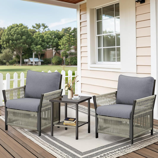 Patio Furniture Wicker Outdoor Conversation Set, 3-Piece All Weather Patio Furniture Rattan Rocking Sets with Removable Cushions & Side Table for Backyard, Balcony and Deck, Dark Grey