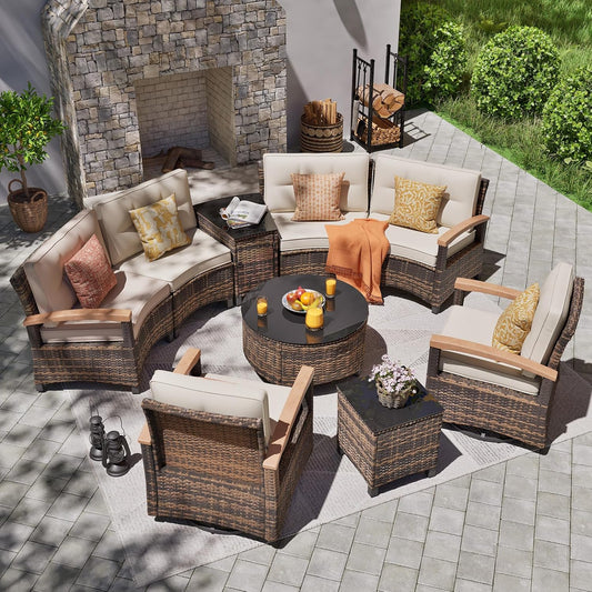 9 Piece Outdoor Patio Furniture Set, Half-Moon Curved Sectional Set with Wood Armrests, Patio Conversation Set, Tempered Glass Coffee & Side Tables(Brown)