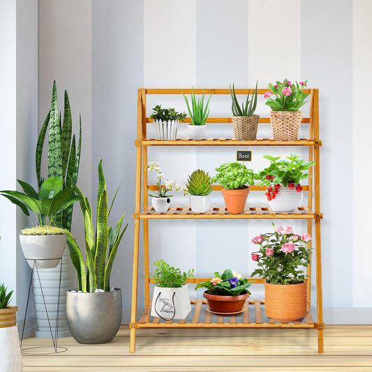 Giantex Bamboo Ladder Plant Stand, 3 Tier Folding Bamboo Plant Shelf, Foldable Flower Pot Display Shelf Rack, Multiple Plants Holder Organizer Storage Shelf for Indoor Outdoor Balcony Garden (Natural)