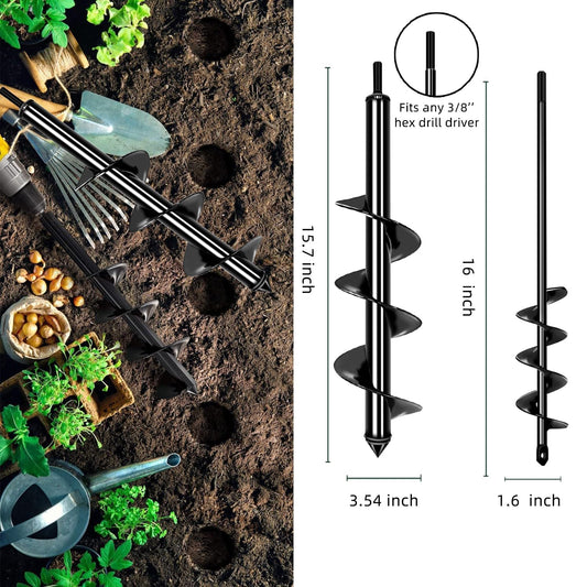 Garden Auger Drill Bit for Planting Set-1.6x16ββ & 3.54x15.7'',Ground Earth Spiral Drill Bit for 3/8" Hex Drive Drill, Yard Auger Drill for Bulbs Planting, Hole Digger Flowers,Umbrella Holes