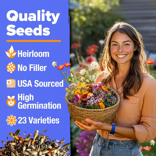 HOME GROWN Wildflower Seeds β 134,000+ Pure π‘π’π‘-ππ π’ π¨π¦π Seeds, No Filler β 23 Varieties Bulk Mix (3oz) for Birds & Butterflies β Annual & Perennial Wild Flowers for Fall Garden Planting