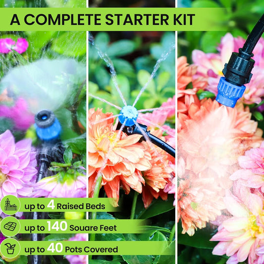 Bonviee Drip Irrigation System, 230FT Garden Watering System with Quick-to-Connect Fittings, Adjustable Drip Emitters, 1/4β & 5/16β Tubing, Drip Irrigation Kit for Raised Garden Beds, Greenhouse, Lawn