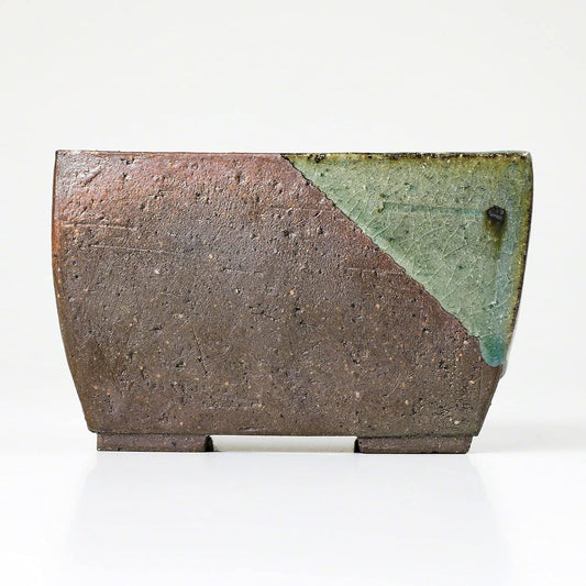 Wazakura Tokoname Series Small Handmade Rectangular Glazed Bonsai Pot with Drainage Holes 5.3 in (135 mm) Made in Japan, Ceramic Training Container and Planter - Brown Green