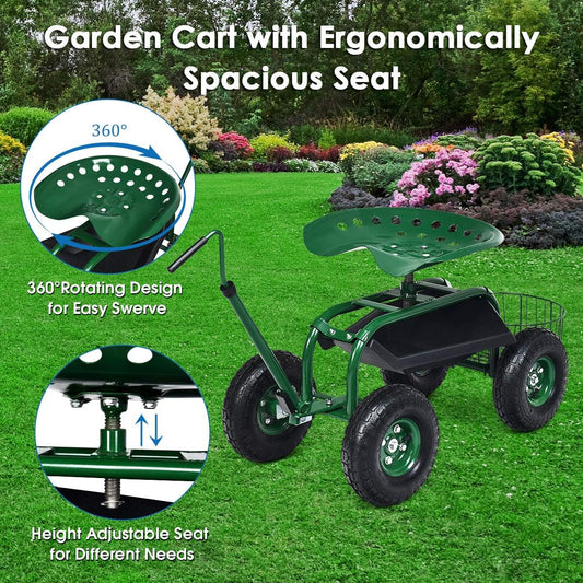 Goplus Rolling Garden Seat with Wheels, Outdoor Gardening Scooter with 360° Swivel Seat, Tool Tray & Basket, Adjustable Steering Handle for Lawn, Gardening Stool, Garden Cart for Planting