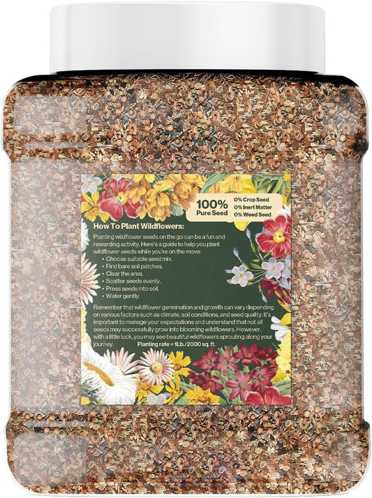 Wildflower Seed Shaker β Annual Mix by GevaGrow | 17 Variety Flower Seeds for Planting in Pots & Outdoor Gardens, Bulk 300,000+ Seeds - 1 Pound Tub