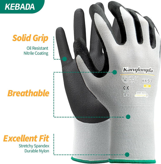 6-Paris Large Work Gloves for Men and Women, Nitrile Coated Safety Protective Gloves with Grip, Ideal for Gardening, Warehouse, Mechanic, Light Duty Construction Work