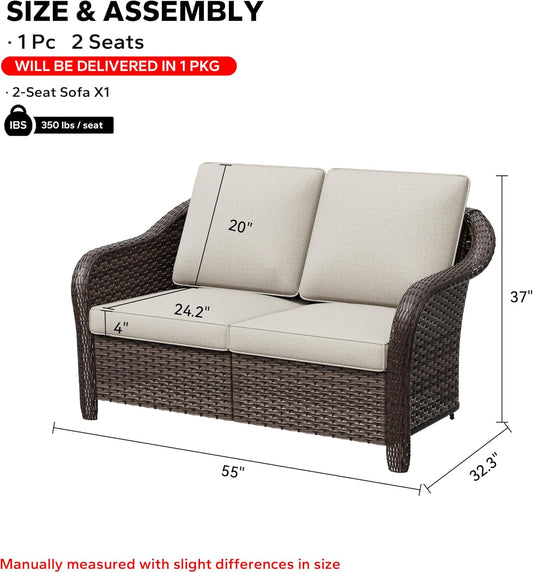 55" Outdoor Loveseat Wicker 2-seat Sofa with Removable Cushions, Conversation Patio Furniture, PE Rattan Couch, Steel Frame Couch with Cushions for Backyard, Deck (Beige)