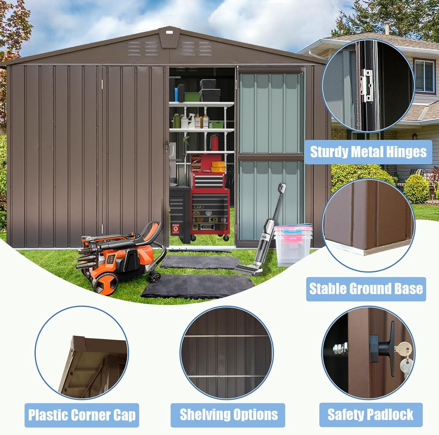 Domi Outdoor Storage Shed 8.2' x 6.2', Metal Steel Utility Tool Shed Storage House with Double Lockable Doors & Air Vents for Backyard Patio Garden Lawn Brown