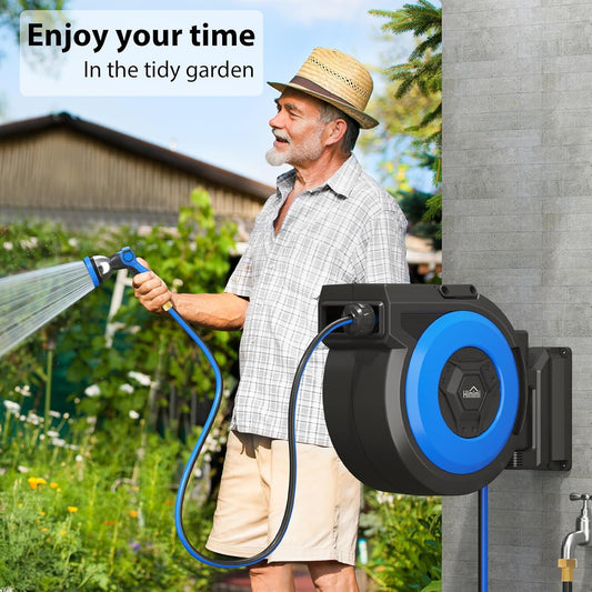 Retractable Garden Hose Reel, 1/2" x 131FT Heavy Duty Automatic Retractable Hose Reel Wall Mount, with 10- Function Sprayer Nozzle, Any Length Lock/Auto Rewind/180°Swivel