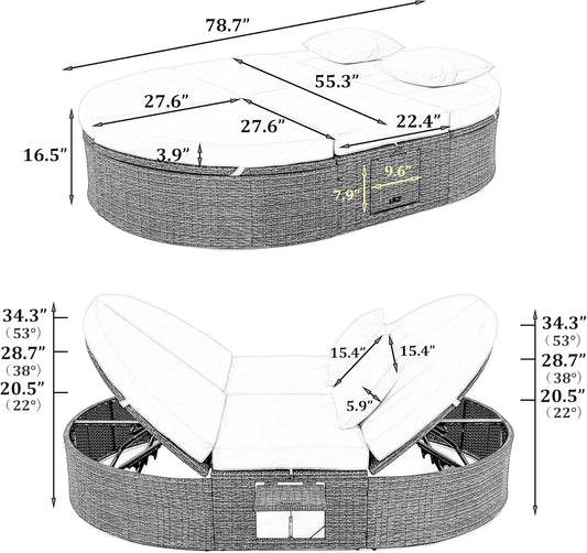 kevinplus Outdoor Daybed Patio Sunbed with Adjustable Backrests and Foldable Cupholder, Rattan Outdoor Garden Daybed Sunbed Reclining Chaise Lounge for Poolside Balcony, Gray