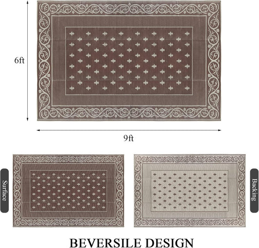 Pauwer Waterproof Outdoor Rug 6x9, Reversible Plastic Straw Patio Camping Rug, Indoor Outdoor RV Mat Carpet for Deck, Camper, Porch, Balcony, Backyard, Picnic, Bordered Brown