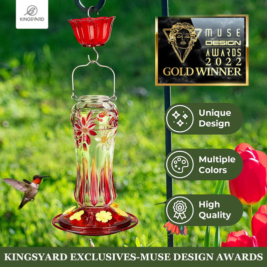Kingsyard 2 Pack Glass Hummingbird Feeders for Outdoors Hanging, Hummingbird Nectar Feeder with Ant Moat & 6 Feeding Ports, 25 Oz Leak Proof, Red