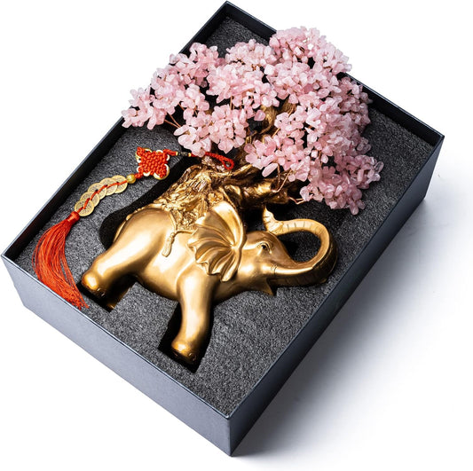 Rose Quartz Crystal Money Tree on Gold Elephant Statue, 17”Large Gemstone Bonsai Tree of Life Home Décor Gifts for Wealth Positive Energy, Feng Shui Décor