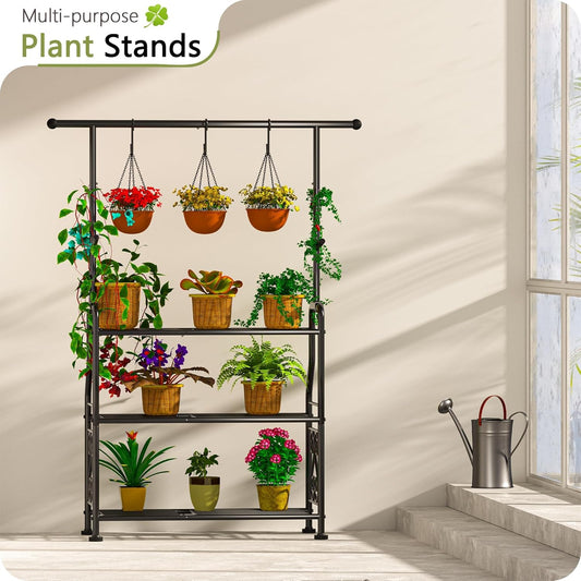 GIOTORENT Plant Stand Indoor, 3-Tier Heavy Duty Metal Shelf for Patio & Indoor, Tall Plant Holds 14+ Plants with 5 Hooks, Rust-Proof Plant Holder for Garden, Balcony, Living Room, Black