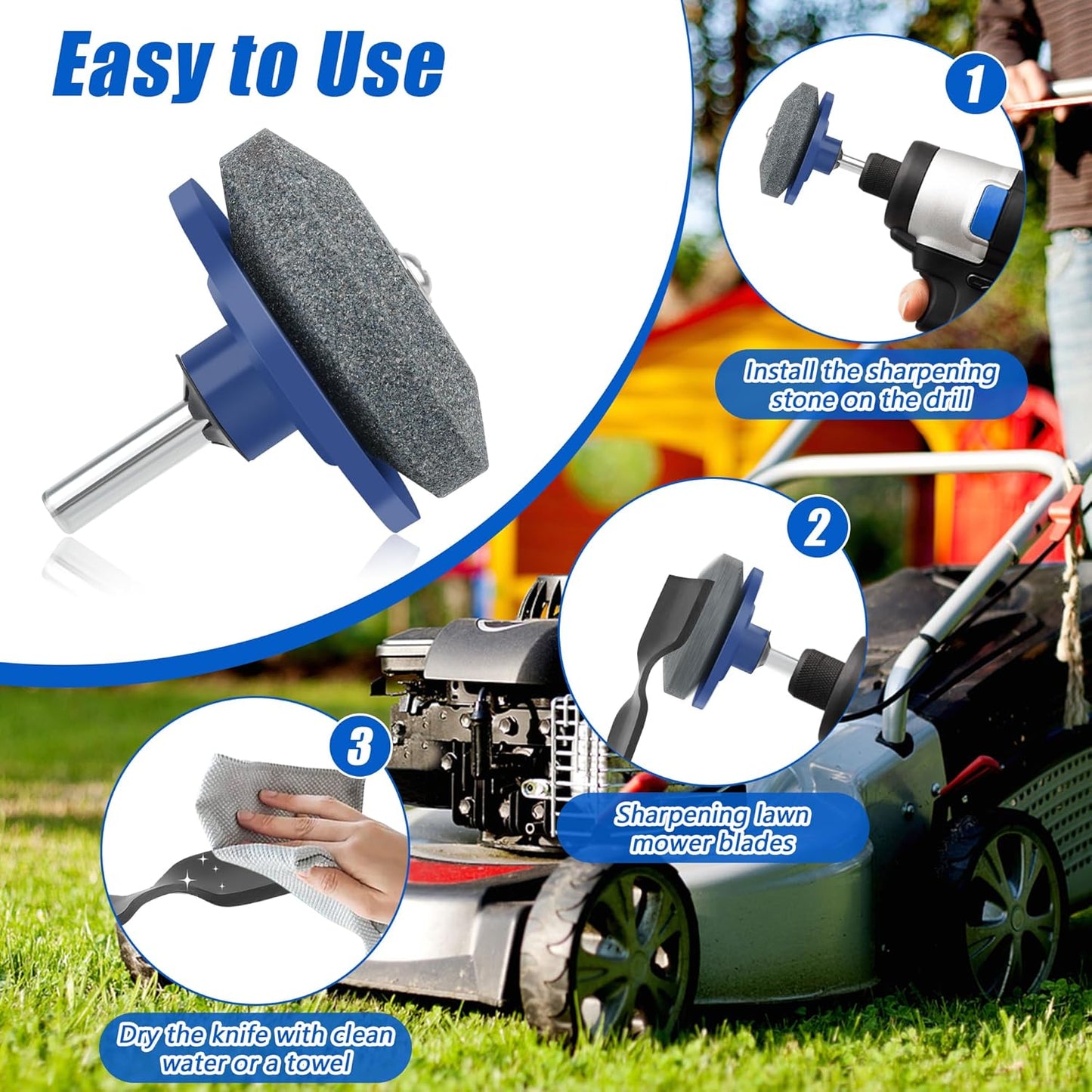 4+1PCS Lawn Mower Blade Sharpener, Universal Lawnmower Blade Sharpener Mower Sharpening Stone with 1PCS Balance Tool for Hand Drill/Power Drill (2 Single Layer + 2 Double Layer)