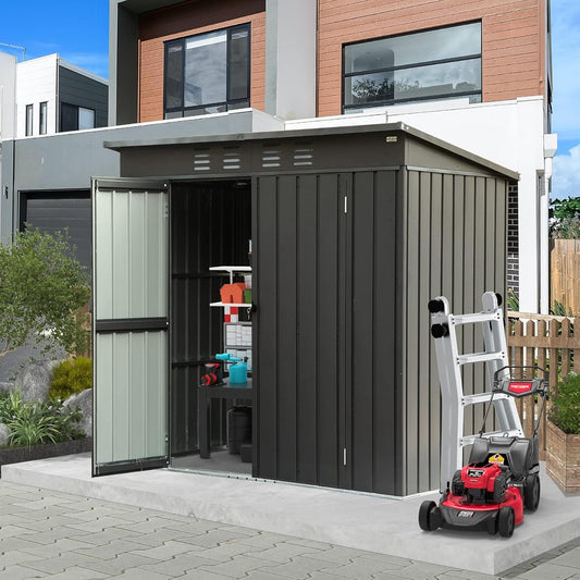 Domi Outdoor Storage Shed 6' x 4.5’, Metal Garden Shed with Galvanized Steel Frame for Bike, Tools, Lawn Mowers, Pool Toys, Outdoor Storage Cabinet with Lockable Door for Garden Lawn Patio (Dark Grey)