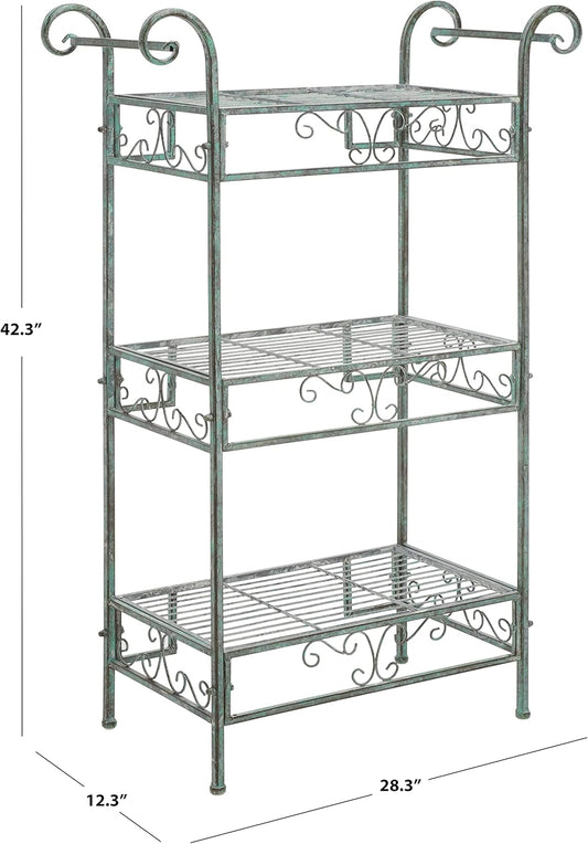 SAFAVIEH Outdoor Collection Noreen Victorian Scroll Antique Dark Green Wrought Iron 3-Tier Shelf