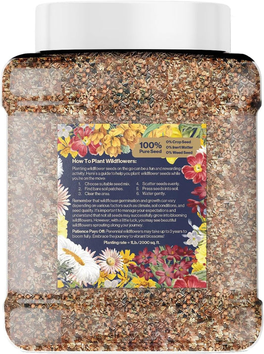 Bulk Wildflower Seed Shaker β Perennial Flower Seeds Mix to Plant Anywhere, by Geva Grow | 20 - Different Type Beautiful Perennial Wildflower Seeds Bulk 900,000+ Seeds, 1 Pound Tub