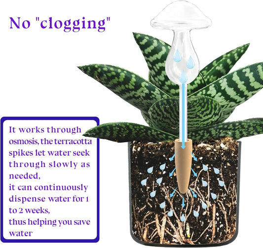 3 Pack Non-Clogging Mushroom Plant Watering Globes with Terracotta Spikes, Hand Blown Glass Self Watering Planter Insert Plant Watering Devices Bulbs for Indoor and Outdoor Plants