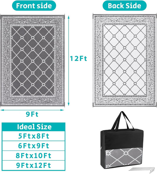 HEBE Outdoor Rug Waterproof 9x12, Reversible Plastic Straw Rug RV Camping Rug, Indoor Outdoor Patio Mat Clearance, Outside Carpet for Porch,Deck,Camper,Balcony,Backyard,Picnic