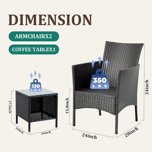 3 Piece Patio Furniture Set - Outdoor Conversation Sets with Coffee Table, Rattan Chair Set for Garden/Poolside, Coffee/Navy Blue