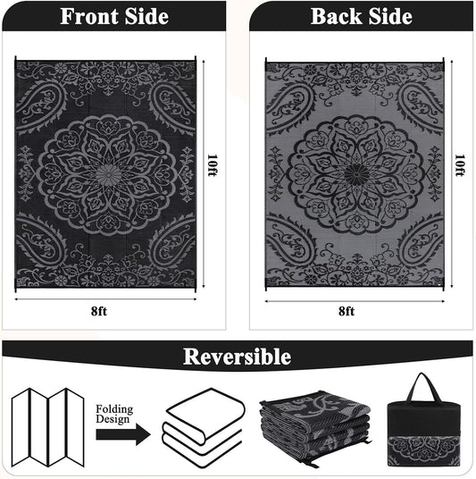 Pauwer Waterproof Outdoor Rug 8x10, Reversible Plastic Straw Patio Camping Rug, Indoor Outdoor RV Mat Carpet for Deck, Camper, Porch, Balcony, Backyard, Picnic, Boho Black Grey