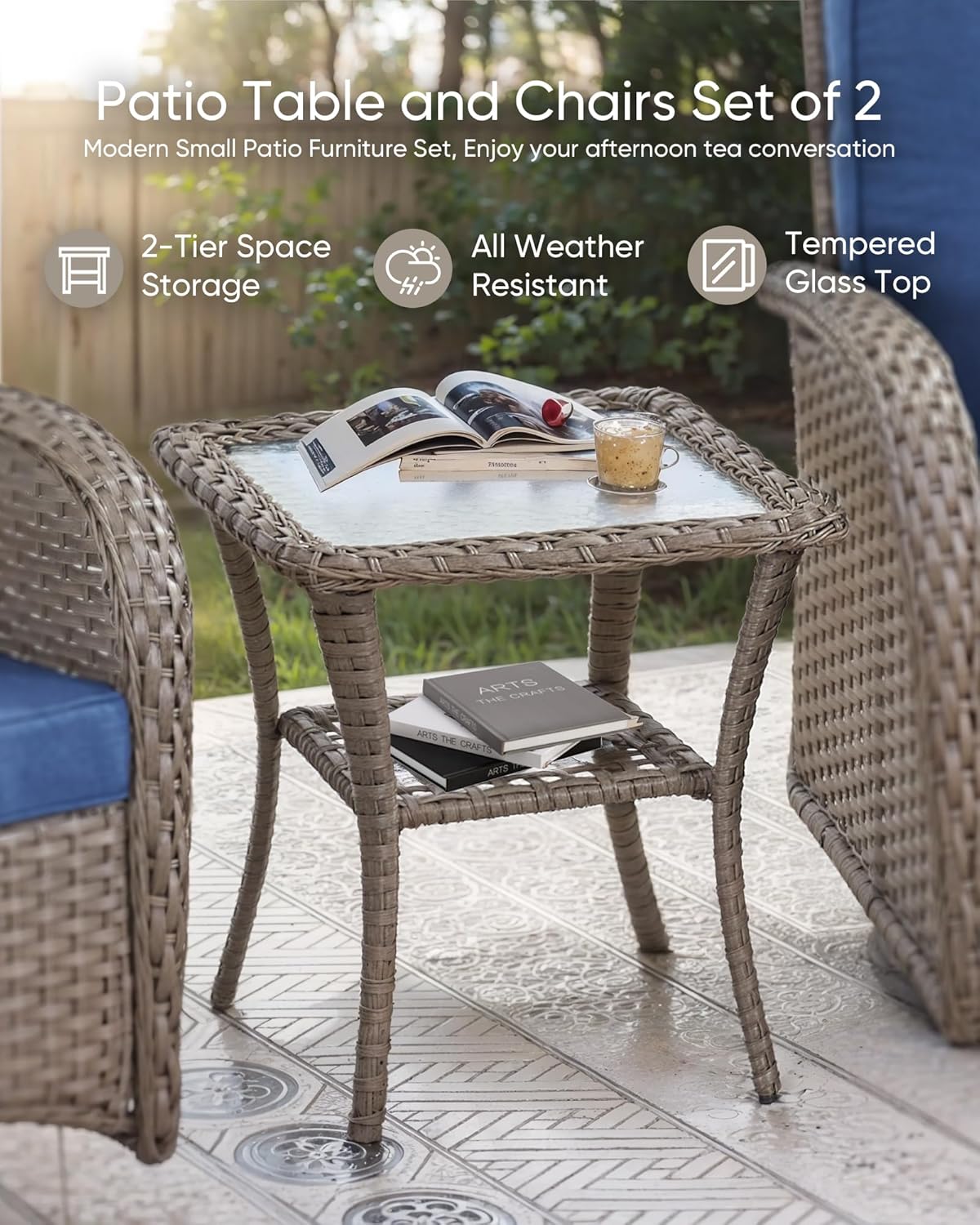 HUMMUH Patio Furniture Wicker Outdoor Furniture Sets High Back Outdoor Glider Bench with Patio Swivel Chairs Patio Conversation Sets for Deck Lawn Porch Balcony Poolside-Grey/Blue