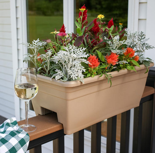 The HC Companies Deck Railing Planter Box w/Removable Drain Plugs - Lightweight & Weatherproof Plastic Flower Box - Balcony Planters for Railing and Fence (24”, Sandstone)