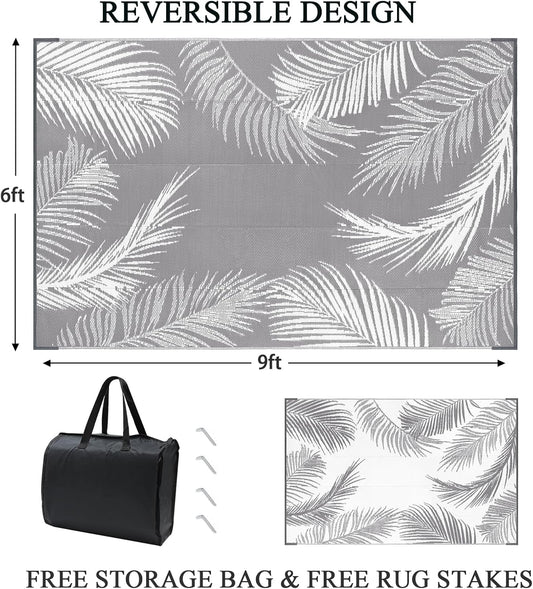 Pauwer Outdoor Rug, 6'x9', Leaf Grey, Reversible, Waterproof, Polypropylene, Lightweight, RV Mat, Patio Decor