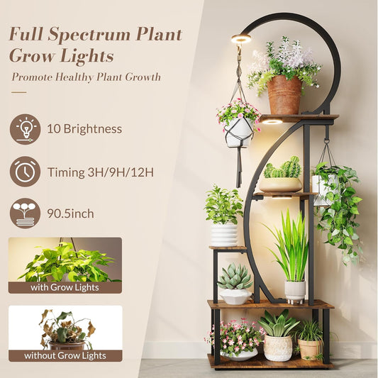 Indoor Plant Stand with Grow Lights, Half-Heart Shape Metal Shelf with Multiple Wood Boards and Hooks for Hanging & Potted Plants, Tall LED Display Rack for Living Room, Balcony Décor